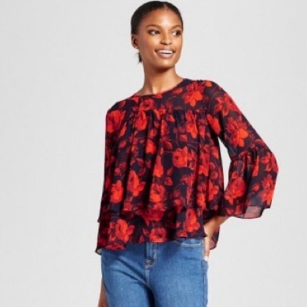 A New Day Women's Babydoll Floral Blouse XS Oversized - Picture 3 of 9